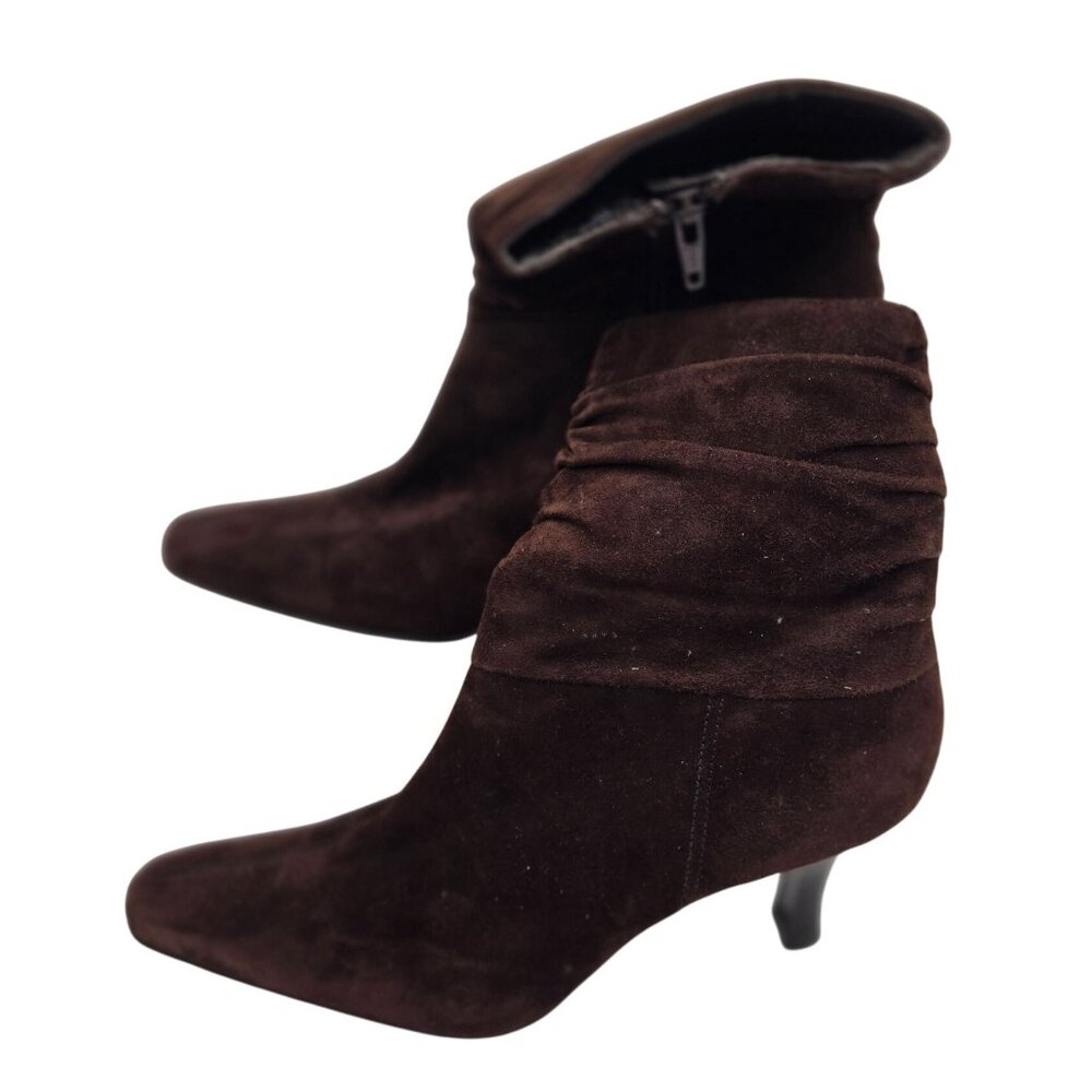 Brown Suede Slouch Ankle Boots Womens Kitten Heel Zip Up Casual Chic